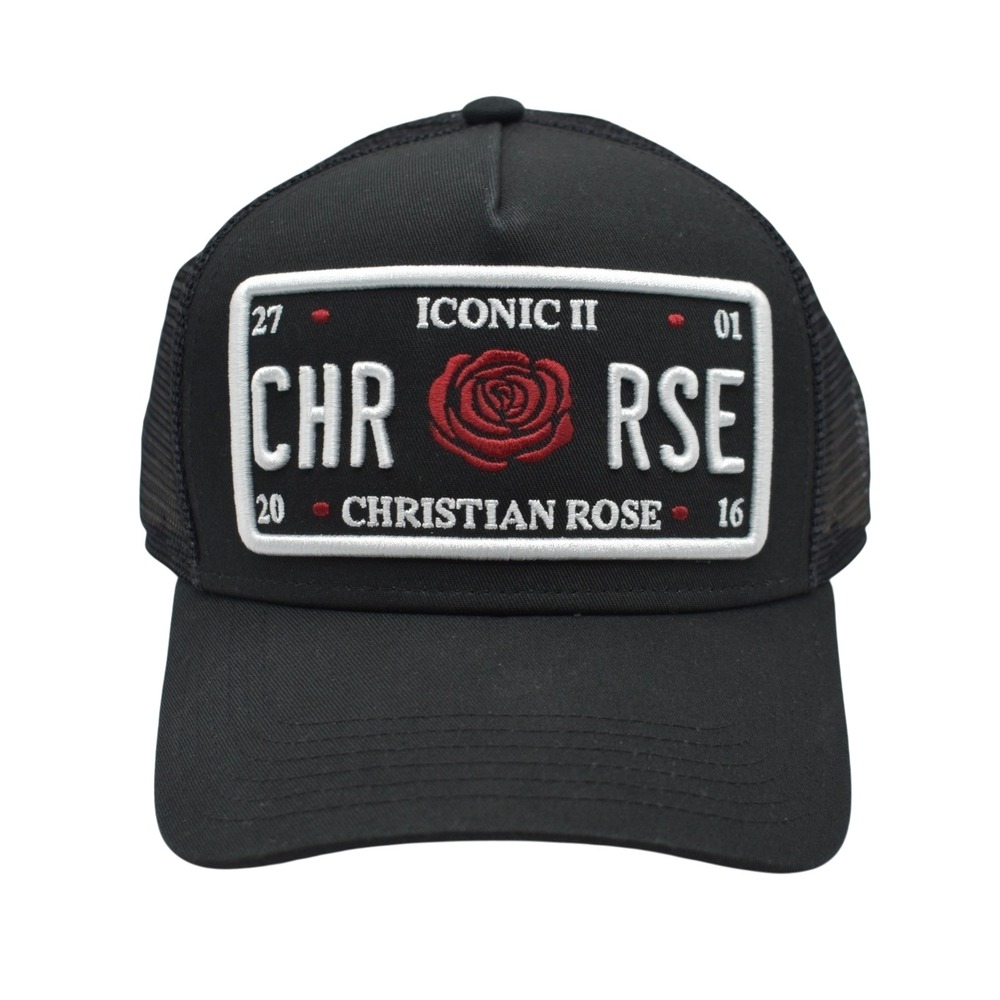 Christian Rose Iconic II License Plate Patch Trucker Snapback Mesh Hat Black NWT